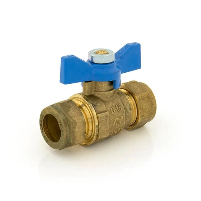 Ball Valve - DZR 22mm Compression Blue Butterfly Handle 3 Ball Valve - DZR 22mm Compression Blue Butterfly Handle